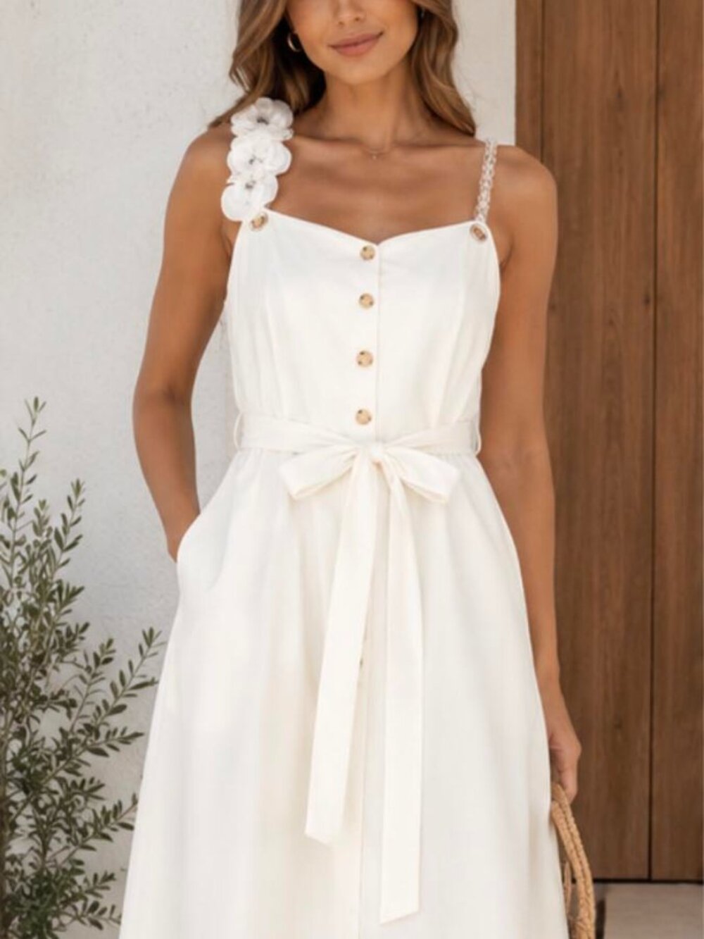 White Floral Shoulder Maxi Dress – Elegant Sleeveless Summer Midi/Maxi Dress wit